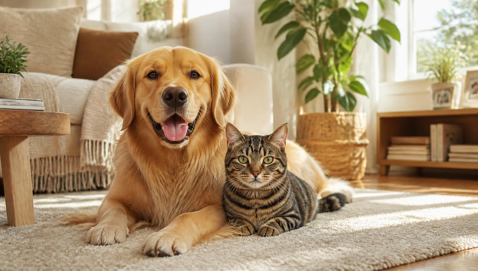A golden retriever and a tabby cat resting together on a rug in a sunlit living room